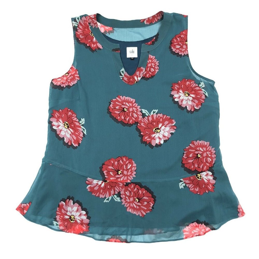 Cabi Teal Floral Sleeveless Peplum Blushing Blouse